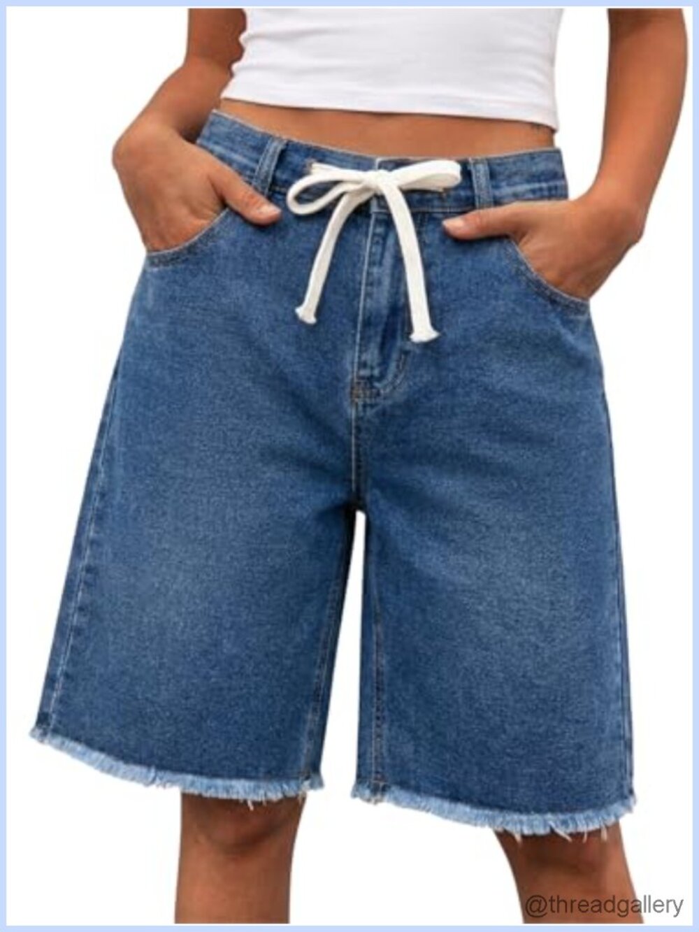 High Waisted Bermuda Shorts Drawstring Baggy Denim Jorts Raw Hem